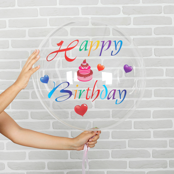 Шар полимерный 16" "С днем рождения" прозрачный с наклейками торт, лента, 1 шт