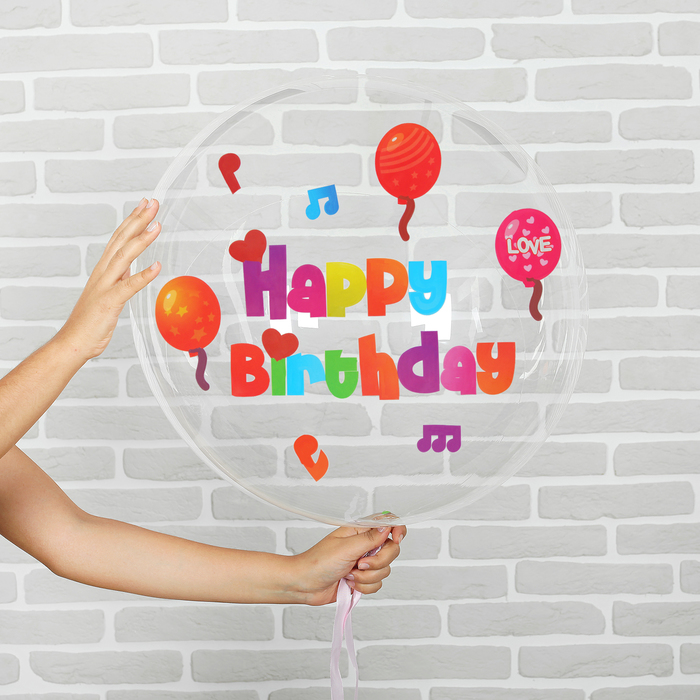 Шар полимерный 16" "С днем рождения" прозрачный с наклейками нотки, лента, 1 шт