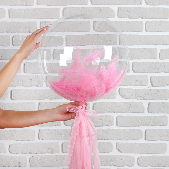 Шар полимерный 18" "Прозрачный с бумажным хвостиком" перья, цвет розовый, 1 шт