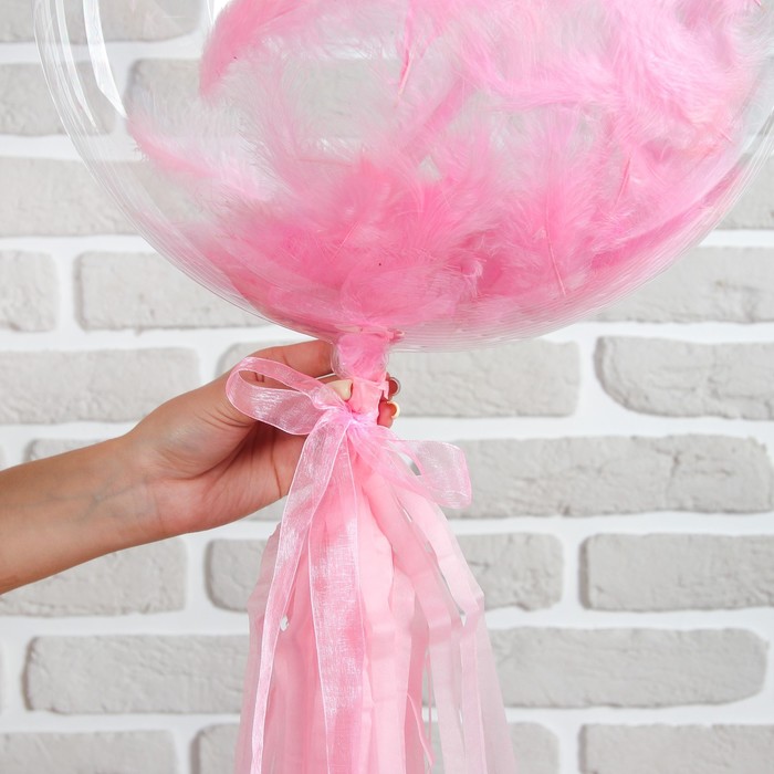 Шар полимерный 18" "Прозрачный с бумажным хвостиком" перья, цвет розовый, 1 шт