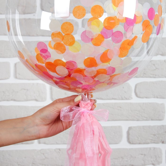 Шар полимерный 18" "Прозрачный с бумажным хвостиком" конфетти, цвет коралловый, 1 шт