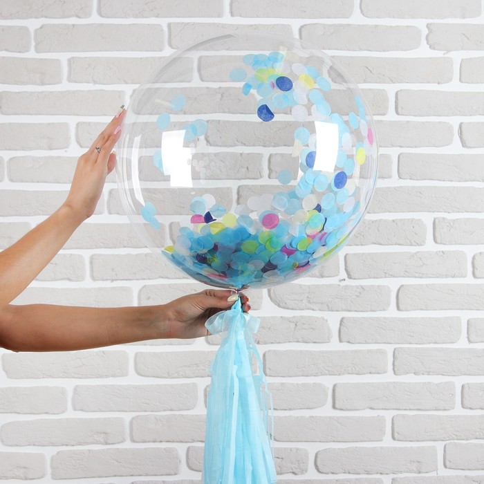 Шар полимерный 18" "Прозрачный с бумажным хвостиком" конфетти, голубой микс, 1 шт