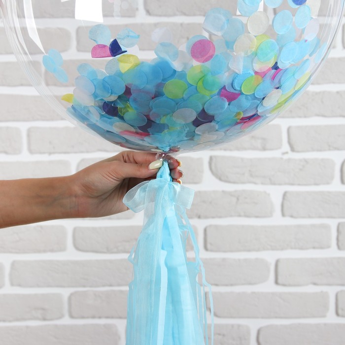 Шар полимерный 18" "Прозрачный с бумажным хвостиком" конфетти, голубой микс, 1 шт