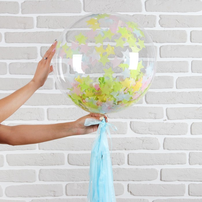 Шар полимерный 18" "Прозрачный с бумажным хвостиком" конфетти звезды, бант, 1 шт