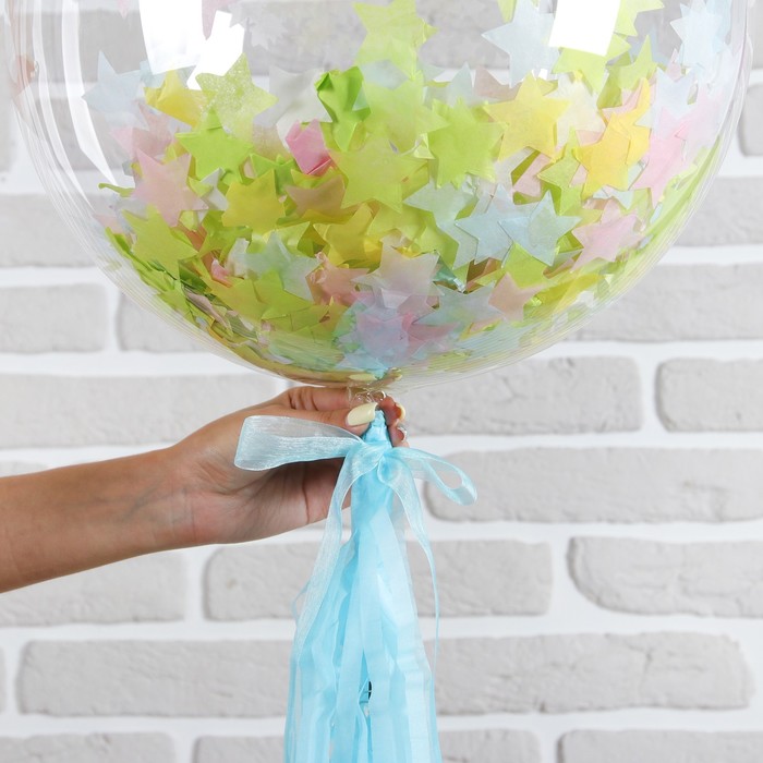 Шар полимерный 18" "Прозрачный с бумажным хвостиком" конфетти звезды, бант, 1 шт