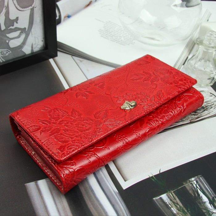 Кошелёк женский, 2 отд рамка, 3 отдела, для карт, наружный карман, цвет красный