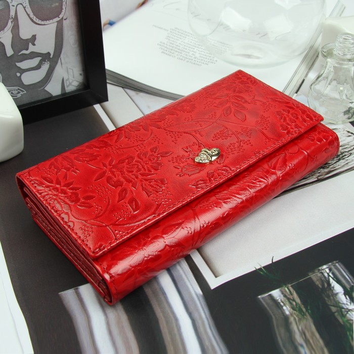 Кошелёк женский, 4 отдела, для карт, для монет, цвет красный