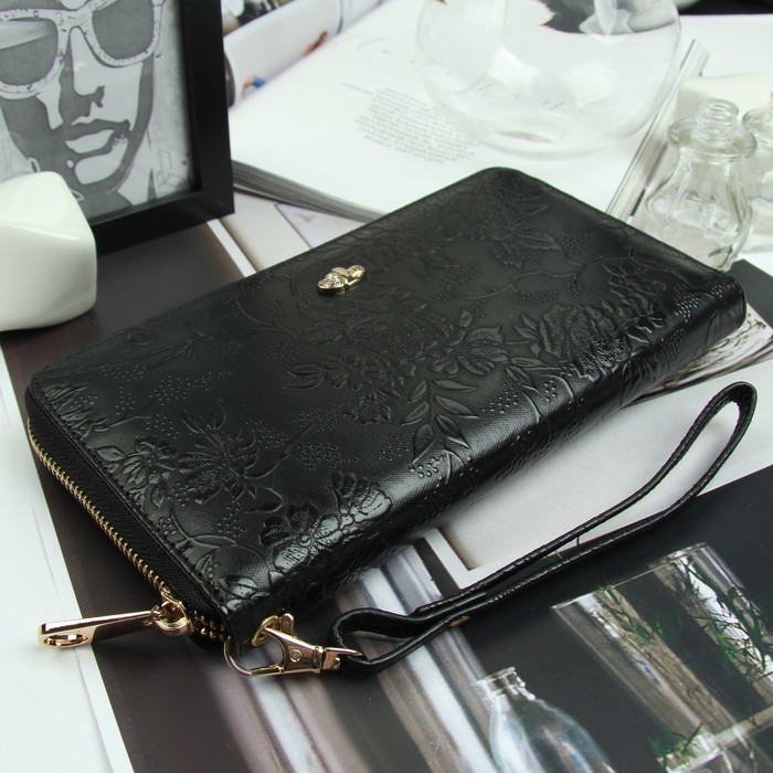 Кошелёк женский, 6 отделов, для карт, с ручкой, цвет чёрный