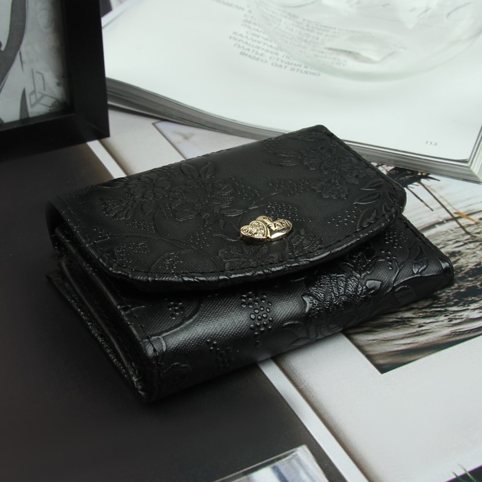 Кошелёк женский, 3 отдела, для карт, отд рамка, цвет чёрный