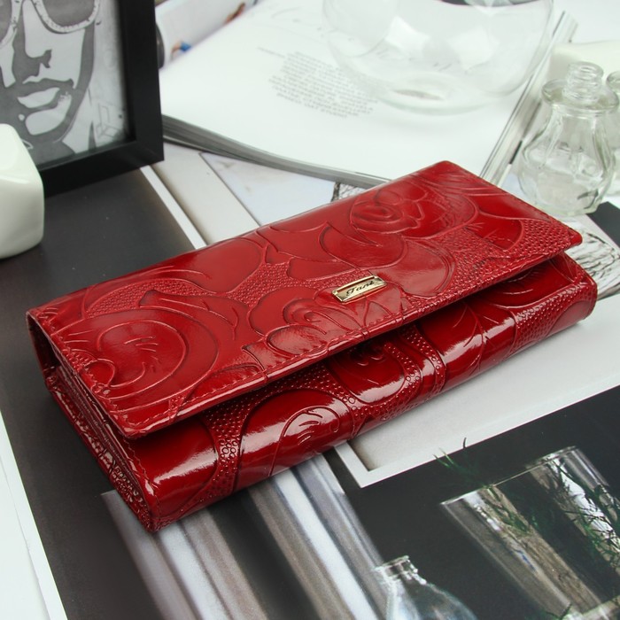 Кошелёк женский, 2 отд рамка, 3 отдела, для карт, наружный карман, цвет красный