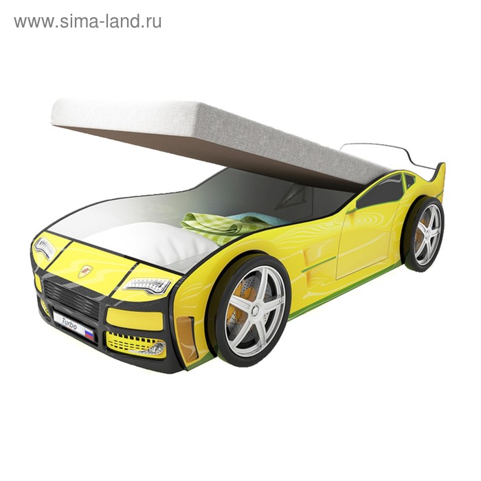 фото Кровать машина «турбо жёлтая», подъёмный матрас, без подсветки, пластиковые колёса, 2 шт