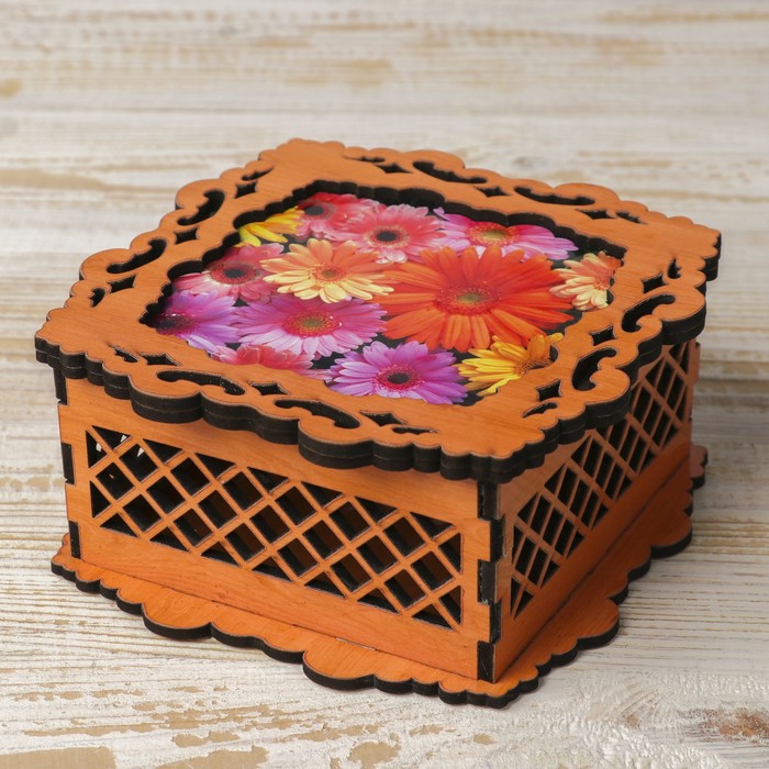 Шкатулка дерево "Герберы в оранжевой рамке" 12х12х6 см