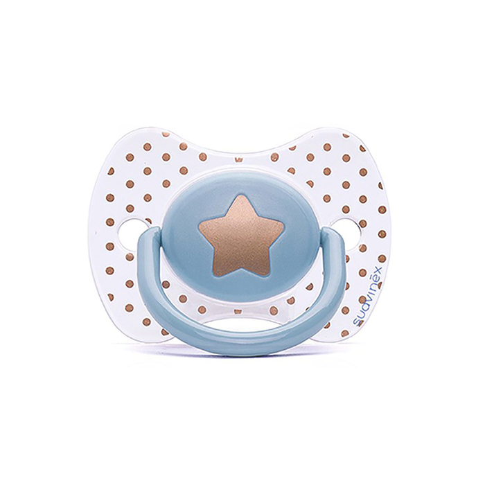 Пустышка Suavinex Haute Couture от 0-4 мес., физиол. (вишня), силикон, голубая, "Звезда"