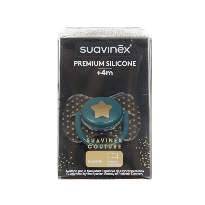 Пустышка Suavinex Haute Couture от 4 мес.., физиол. (вишня), силикон, зелён, "Звезда"
