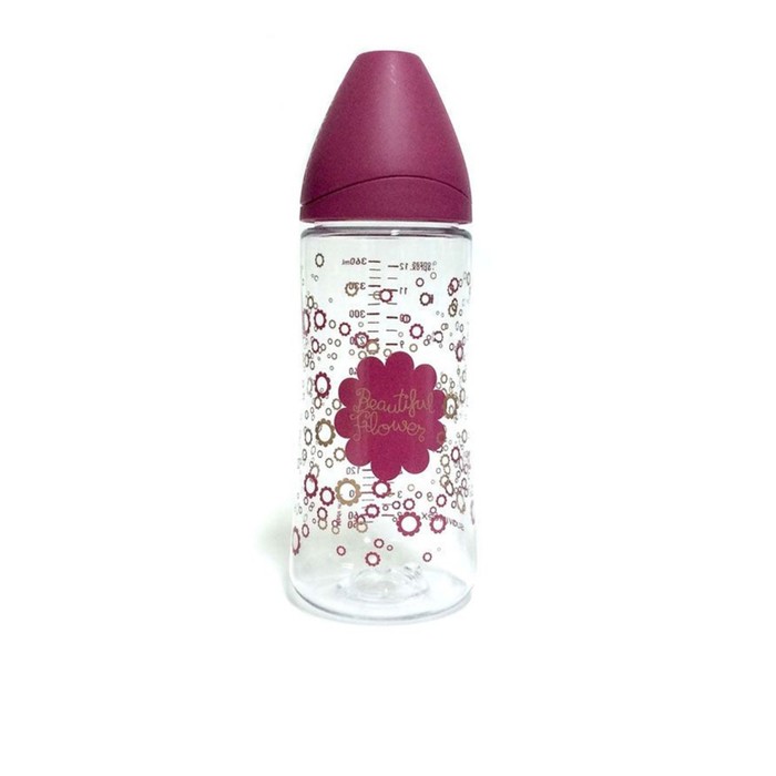 Бутылочка Suavinex 360мл от 0 мес. Haute Couture силик. кругл. соска, розовая, "Цветы"