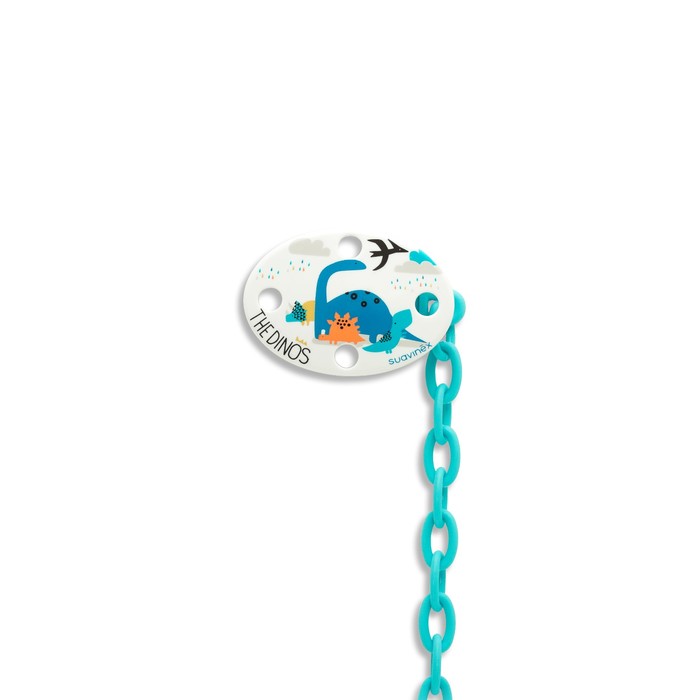 Держатель для пустышки Suavinex от 0 мес. с овальным зажимом, белый, "Динозавр"