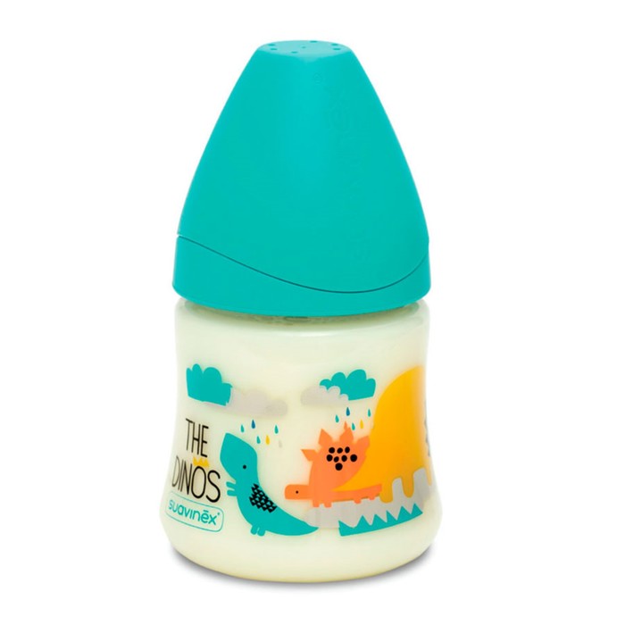 Бутылочка Suavinex 150мл от 0 мес. кругл. латекс. соска, (3 потока), голубая "Динозавр"