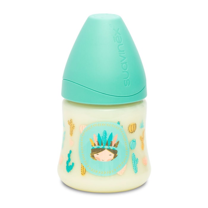 Бутылочка Suavinex 150мл от 0 мес. кругл. латекс. соска, (3 потока), голубая "Индеец"