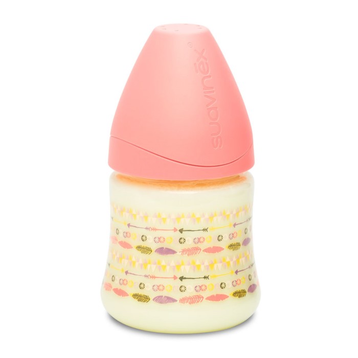 Бутылочка Suavinex 150мл от 0 мес. кругл. латекс. соска, (3 потока), розовая "Индеец"