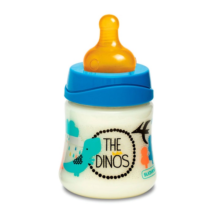 Бутылочка Suavinex 150мл от 0 мес. кругл. латекс. соска, (3 потока), синяя, "Динозавр"