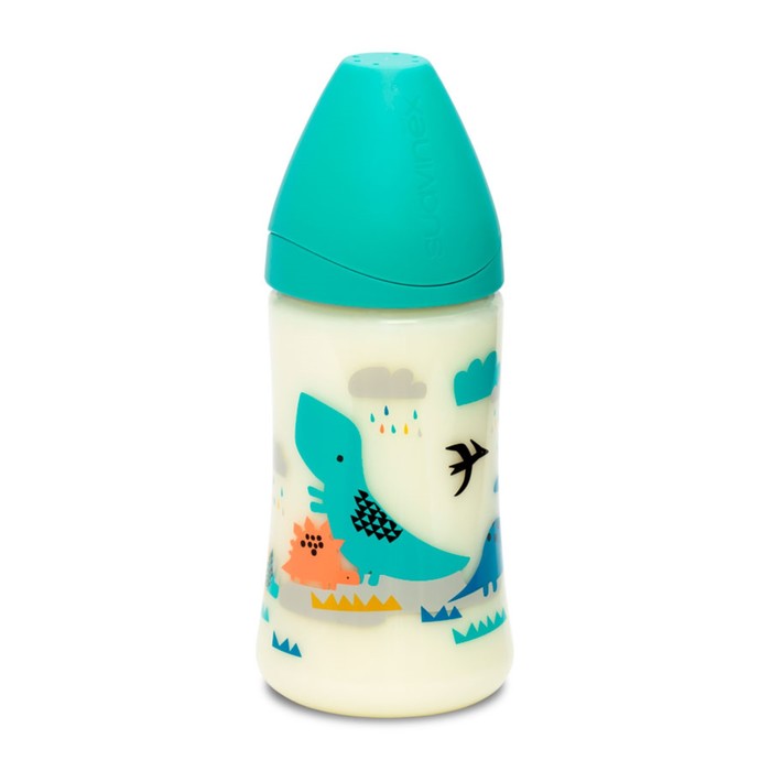 Бутылочка Suavinex 270мл от 0 мес. кругл. латекс. соска, (3 потока), голубая "Динозавр"