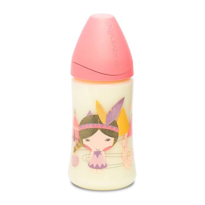 Бутылочка Suavinex 270мл от 0 мес. кругл. латекс. соска, (3 потока), розовая "Индеец"