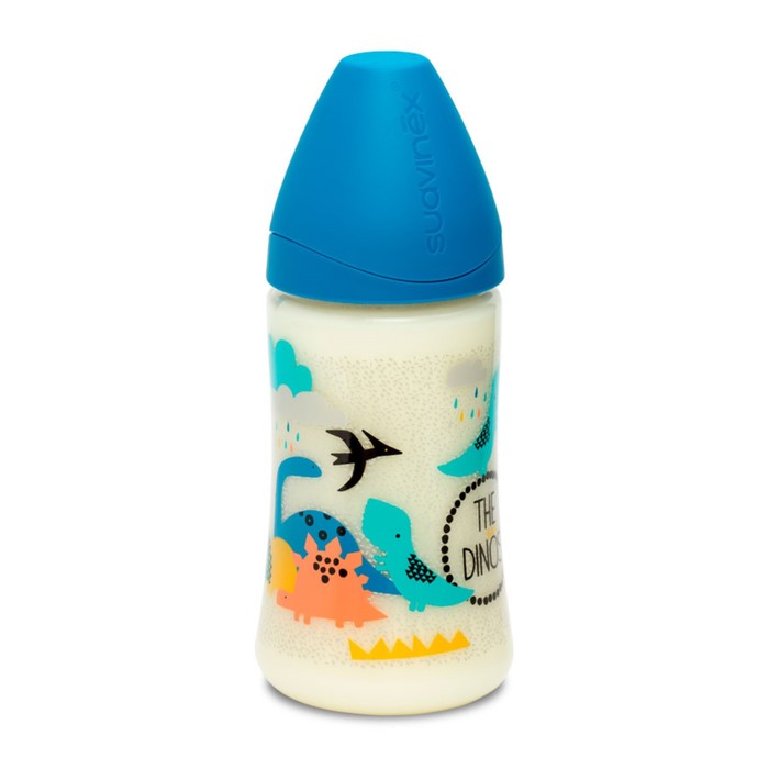 Бутылочка Suavinex 270мл от 0 мес. кругл. латекс. соска, (3 потока), синяя "Динозавр"