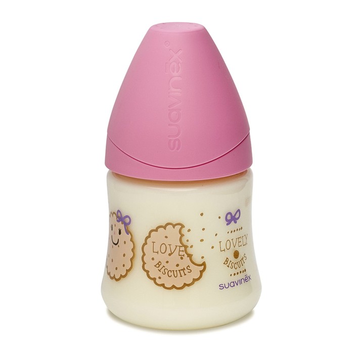 Бутылочка Suavinex 150мл от 0 до 6 мес. с анатом.латексной соской, розов. "Печенька"