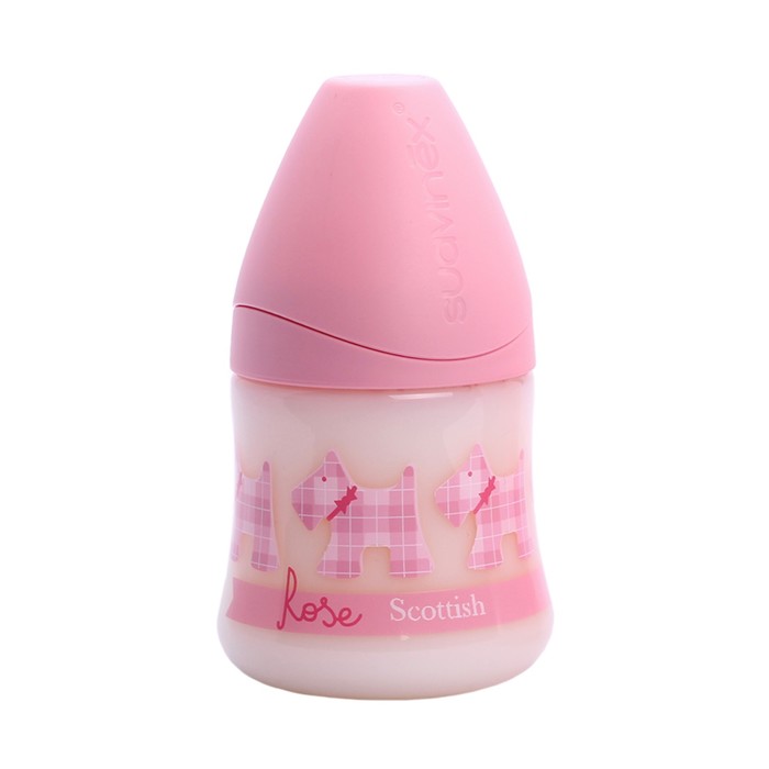 Бутылочка Suavinex SCOTTISH 150мл., от 0-6 мес., силик. анатом. соска, розовая, "Собачки"