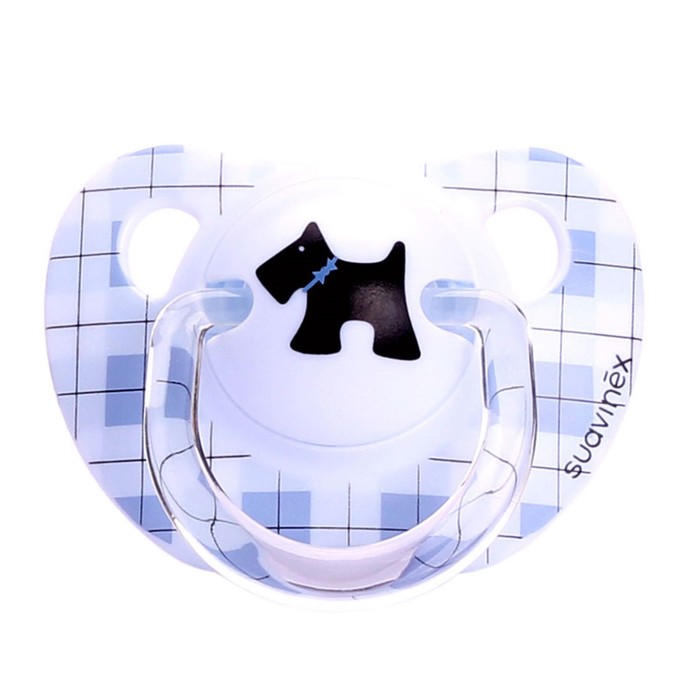 Пустышка Suavinex SCOTTISH от 6 мес., 2шт. анатомич., силикон, гол.+ чёрн. "Собачка"