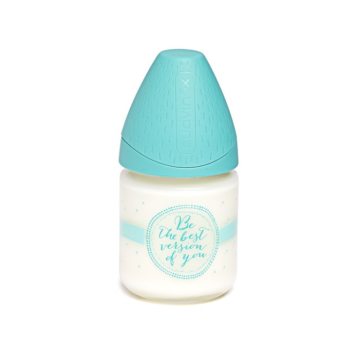 Бутылочка Suavinex (стекло) от 0 мес. 120мл Meaningful Life, кругл. силикон. соска, зелёная 379035