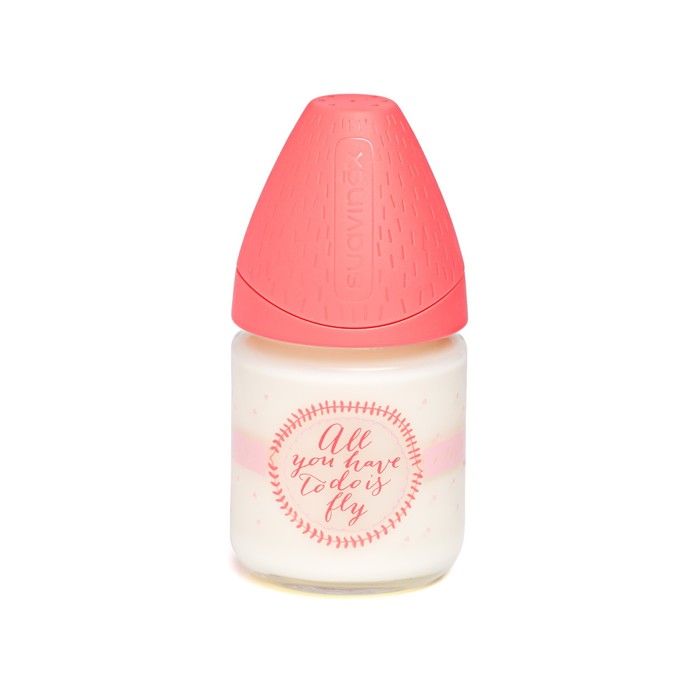 Бутылочка Suavinex (стекло) от 0 мес. 120мл Meaningful Life, кругл. силикон. соска, красная 379035