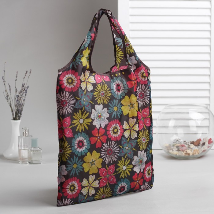 Сумка складная "Цветы", отдел, с карабином, цвет коричневый/малиновый