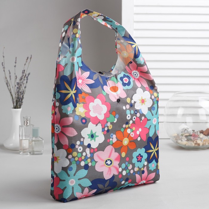Сумка складная "Цветочные сны", отдел на кнопке, водонепроницаемая, цвет серый/розовый