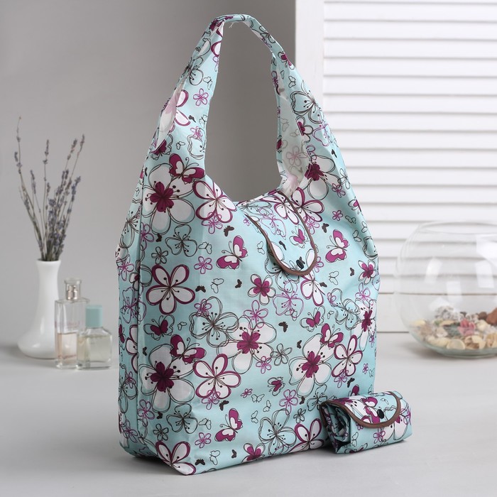 Сумка складная "Цветы", отдел на кнопке, водонепроницаемая, цвет голубой/белый