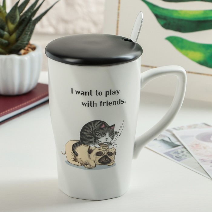 Кружка 350 мл "Кот-баюн", с керамической крышкой и ложкой, рисунок МИКС