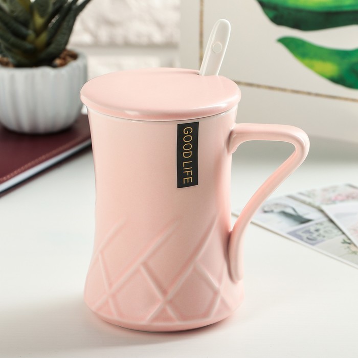 Кружка 350 мл Good Life, с керамической крышкой и ложкой, цвета МИКС