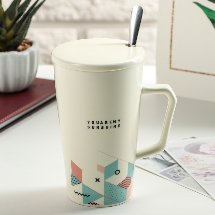 Кружка 320 мл "Геометрия", с керамической крышкой и ложкой, рисунок МИКС