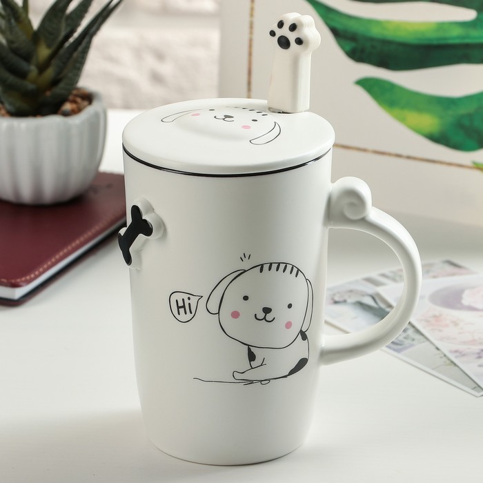 Кружка 320 мл "Ути-пути", с керамической крышкой и ложкой, рисунок МИКС