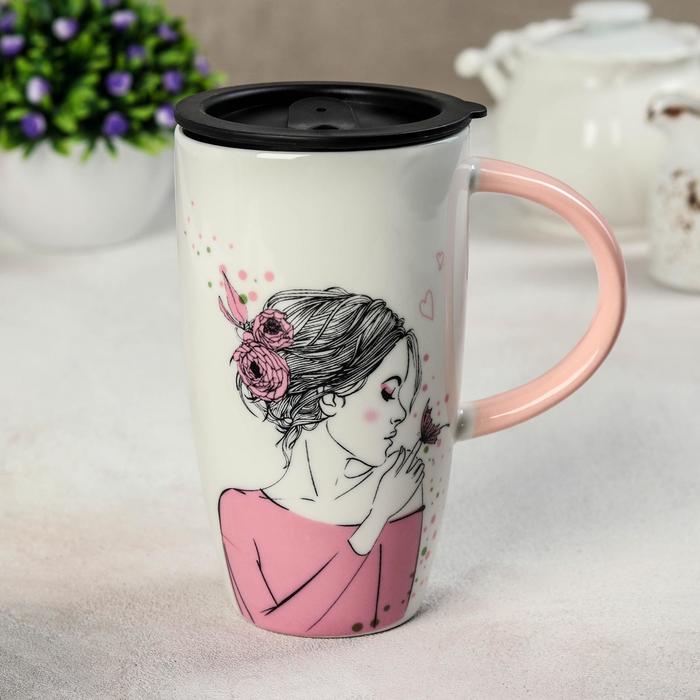 Кружка 500 мл "Геометрия", с пластиковой крышкой, рисунок МИКС