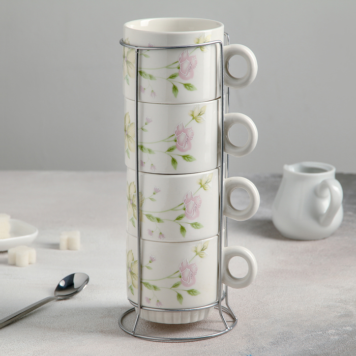 Набор кружек 240 мл "Акация", 4 шт, на металлической подставке