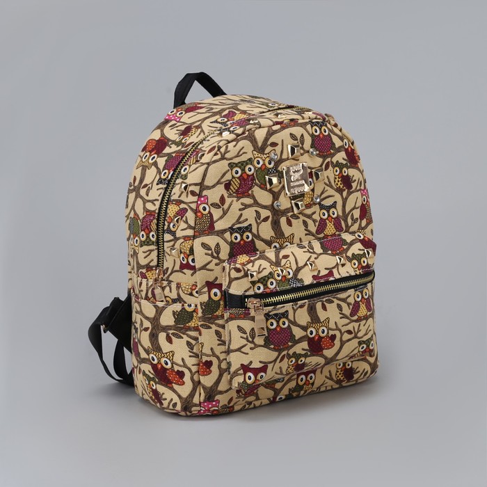 Рюкзак детский "Совы", отдел на молнии, наружный карман, цвет бежевый