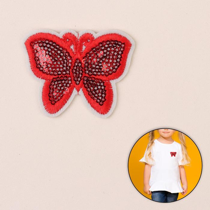 Термоаппликация "Бабочка", с пайетками, 5*6,5см, цвет красный