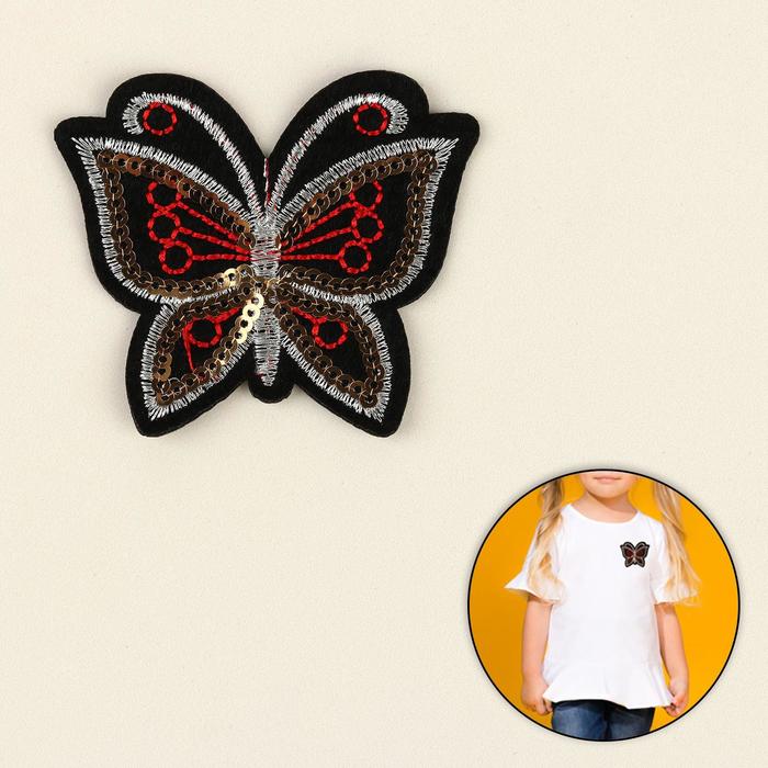 Термоаппликация "Бабочка", с пайетками, 6,5*6,5см, цвет красный/золотой