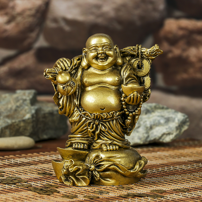 Нэцке полистоун бронза "Хотей на мешке с посохом. слитком и хулу" 14,5х11,5х8,3 см