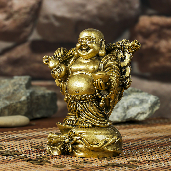 Нэцке полистоун бронза "Хотей на мешке с посохом. слитком и хулу" 14,5х11,5х8,3 см