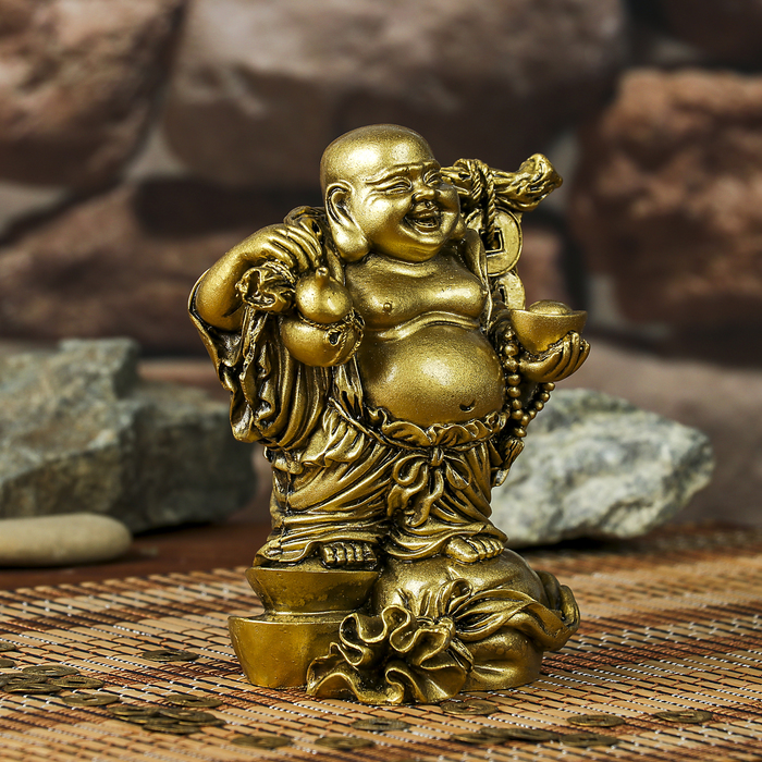 Нэцке полистоун бронза "Хотей на мешке с посохом. слитком и хулу" 14,5х11,5х8,3 см