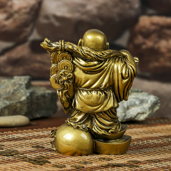 Нэцке полистоун бронза "Хотей на мешке с посохом. слитком и хулу" 14,5х11,5х8,3 см