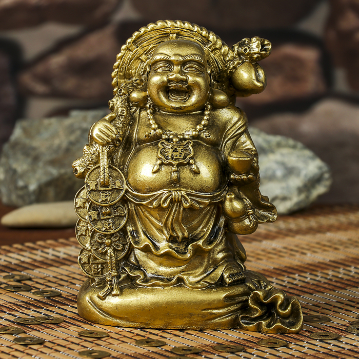 Нэцкэ полистоун бронза "Хотей с монетами и слитком" 14,2х11х7,8 см