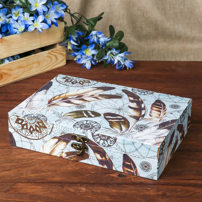 Шкатулка дерево "Пёрышки и мандалы" 5,5х24х17 см